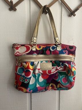 Coach Multicolor Logo-Print Shoulder Bag with Gold-Tone Handles
